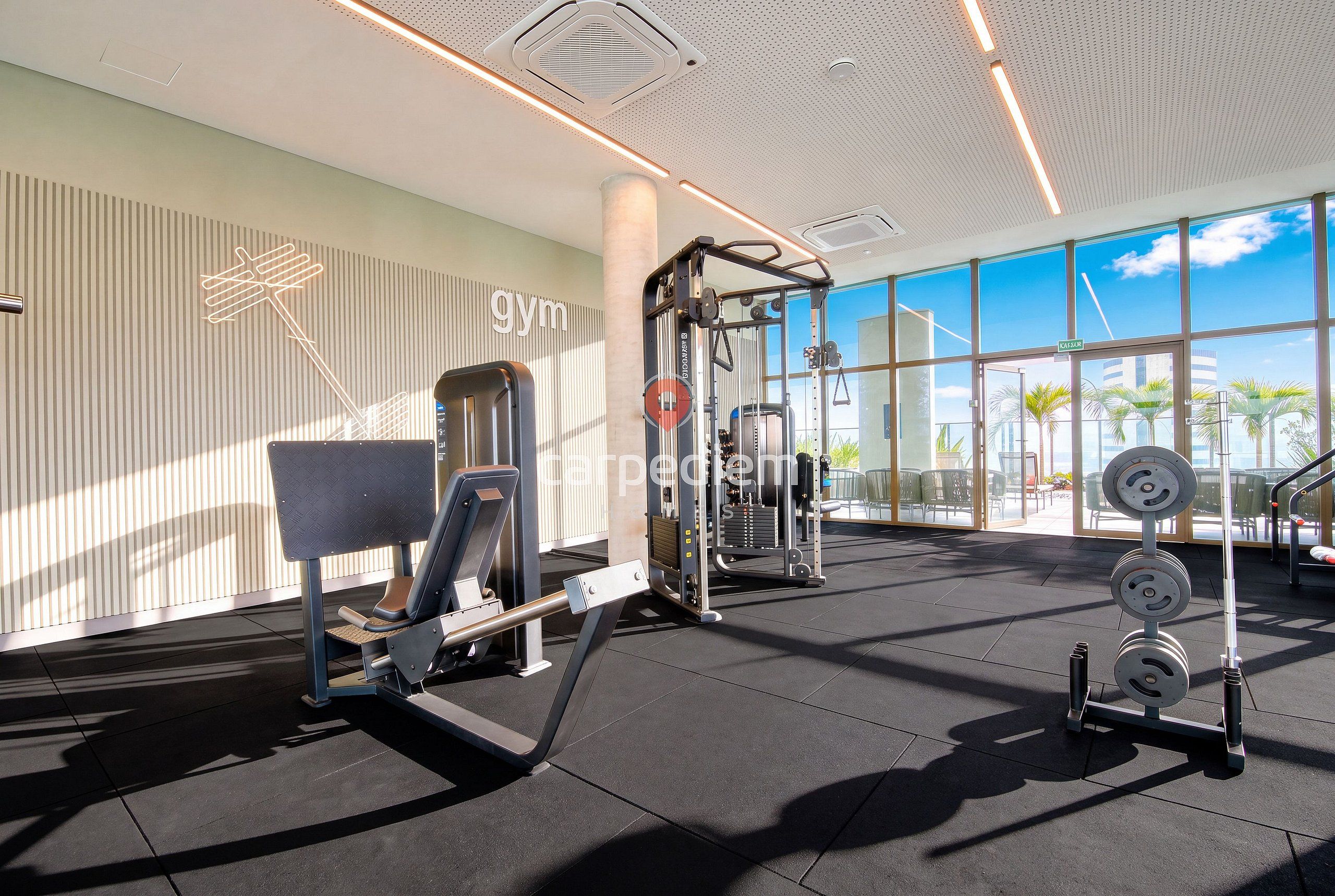 Un gimnasio con equipo de ejercicio, ventanas amplias y vistas a palmeras.