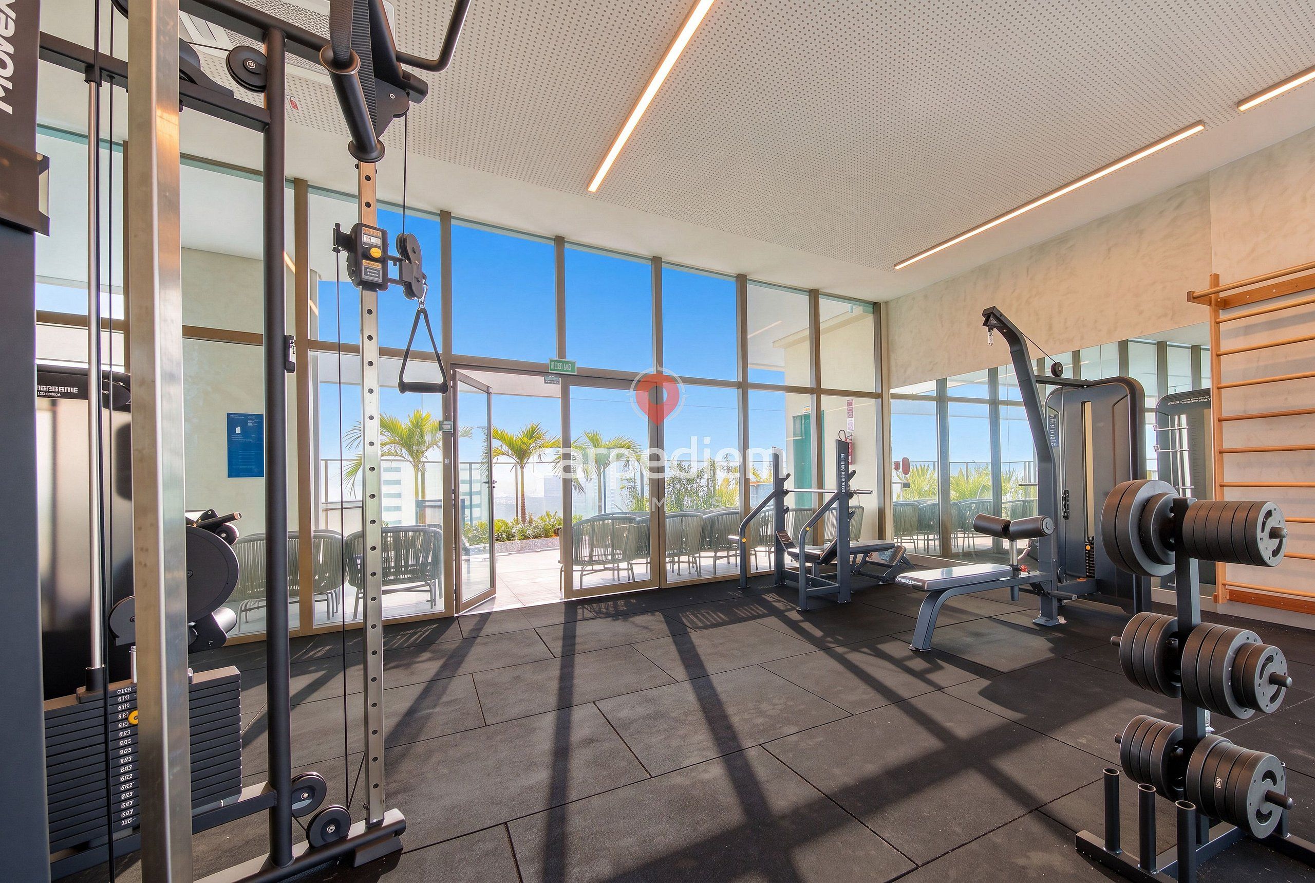 Un gimnasio con equipo de ejercicio, ventanas amplias y vistas a palmeras.