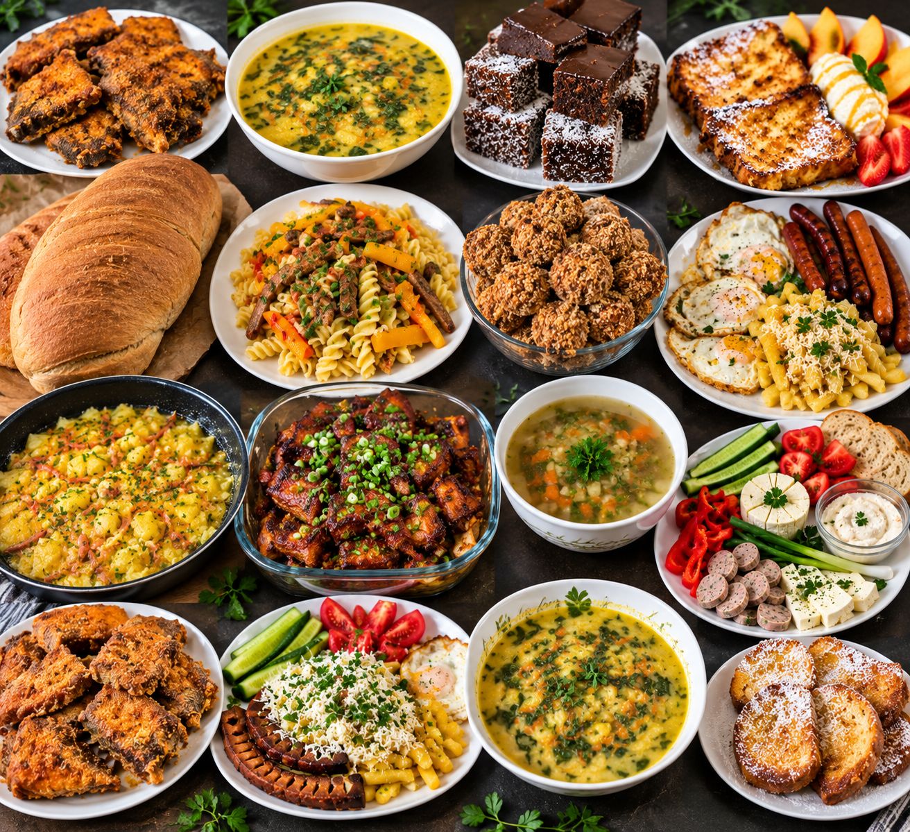 Diverse gerechten, waaronder brood, pasta en vleesgerechten.