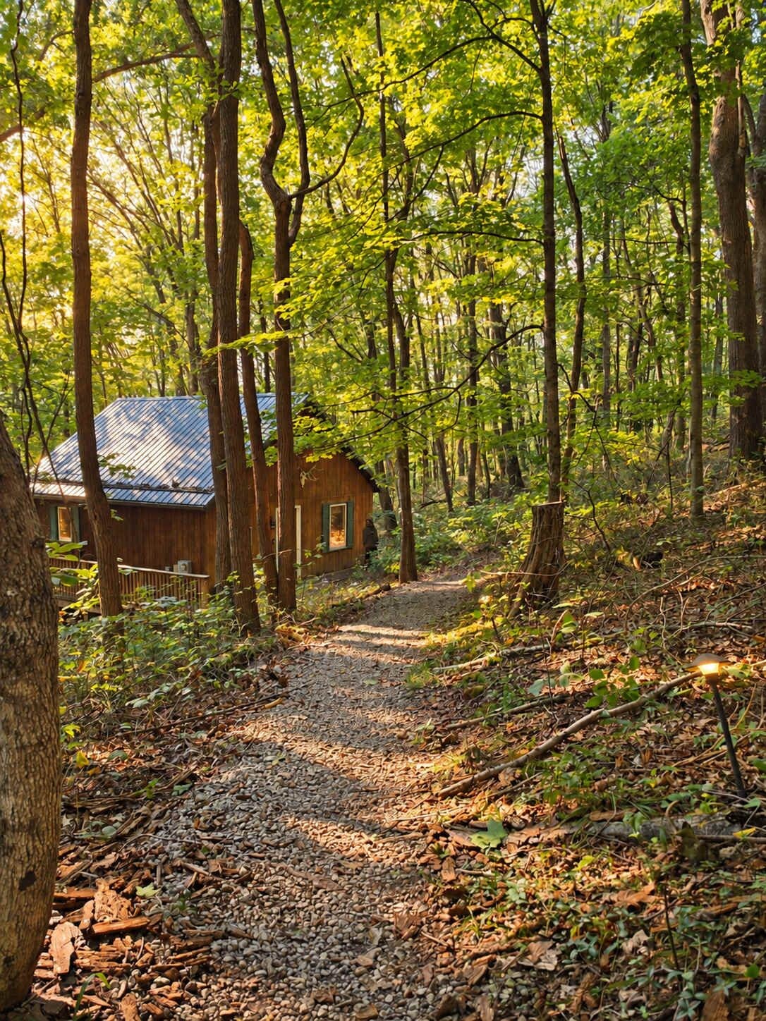 A wooden cabin surrounded by a forest with a gravel path leading to it.