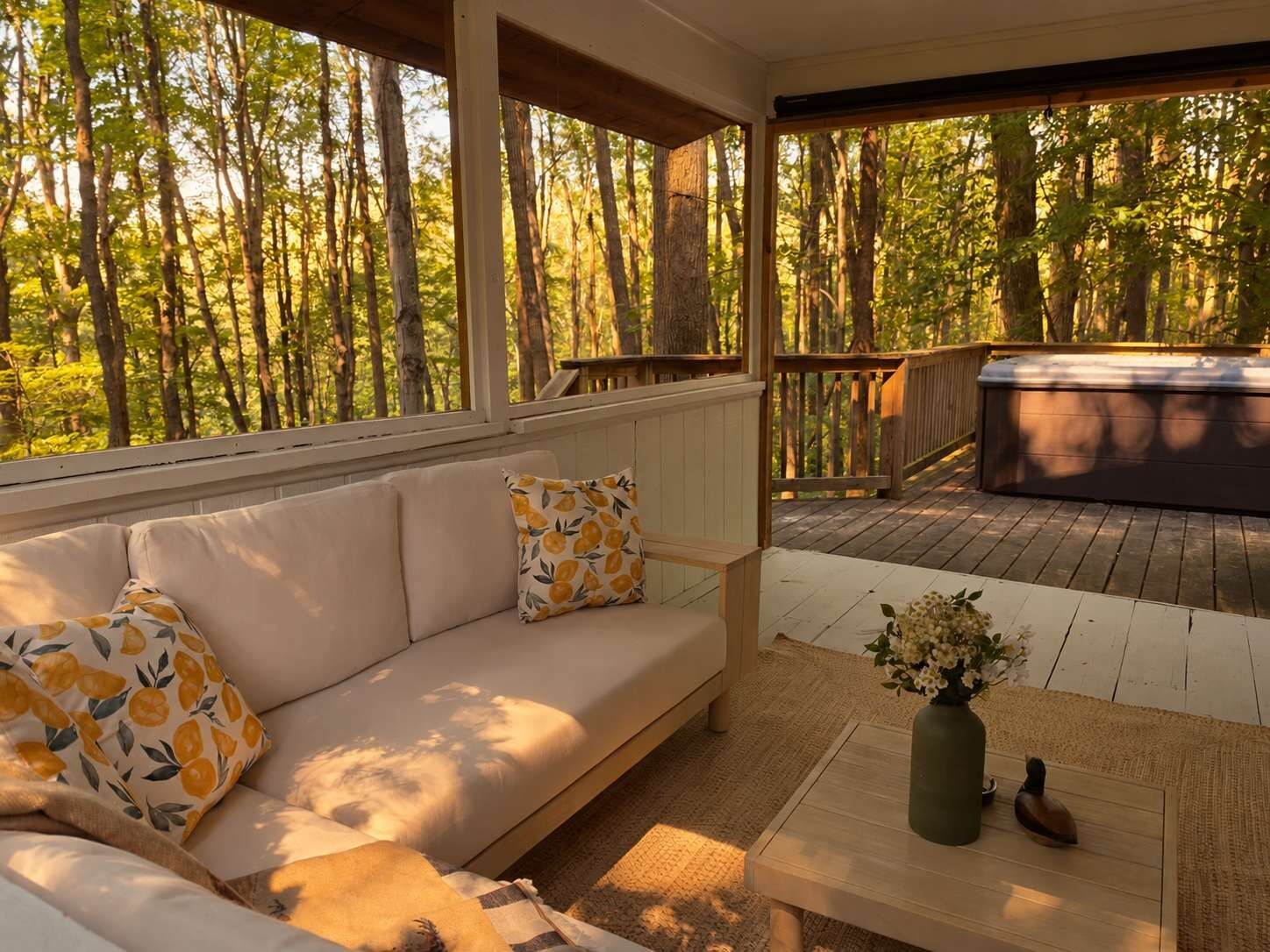 Un espacio de descanso al aire libre con sofás y una mesa, con vistas a un bosque.