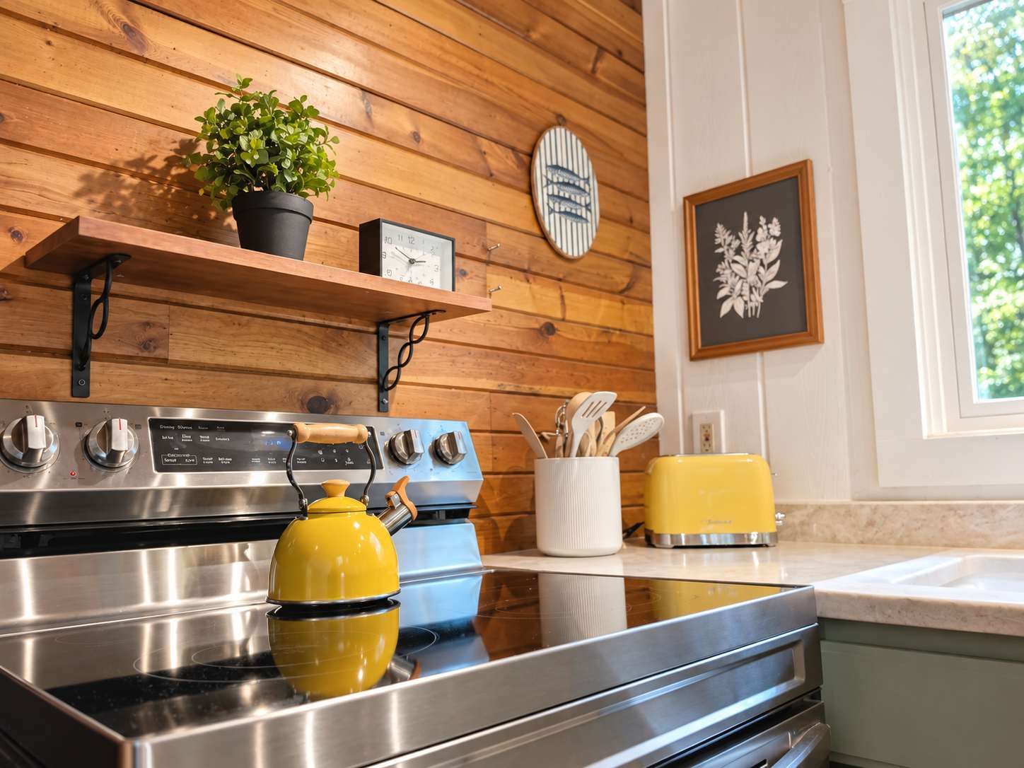 Una cocina con paneles de madera, una estufa, un hervidor amarillo, un reloj y un cuadro en la pared.