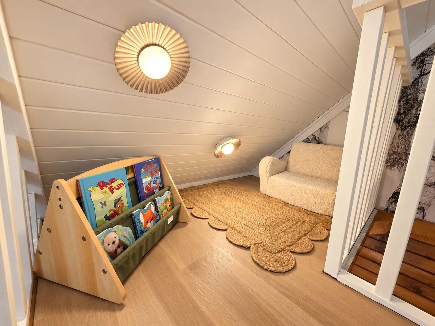 Ein gemütliches Schlafzimmer im Dachgeschoss mit schrägen Wänden, einem hölzernen Bücherregal, einem weichen Sofa und einem gewebten Teppich.