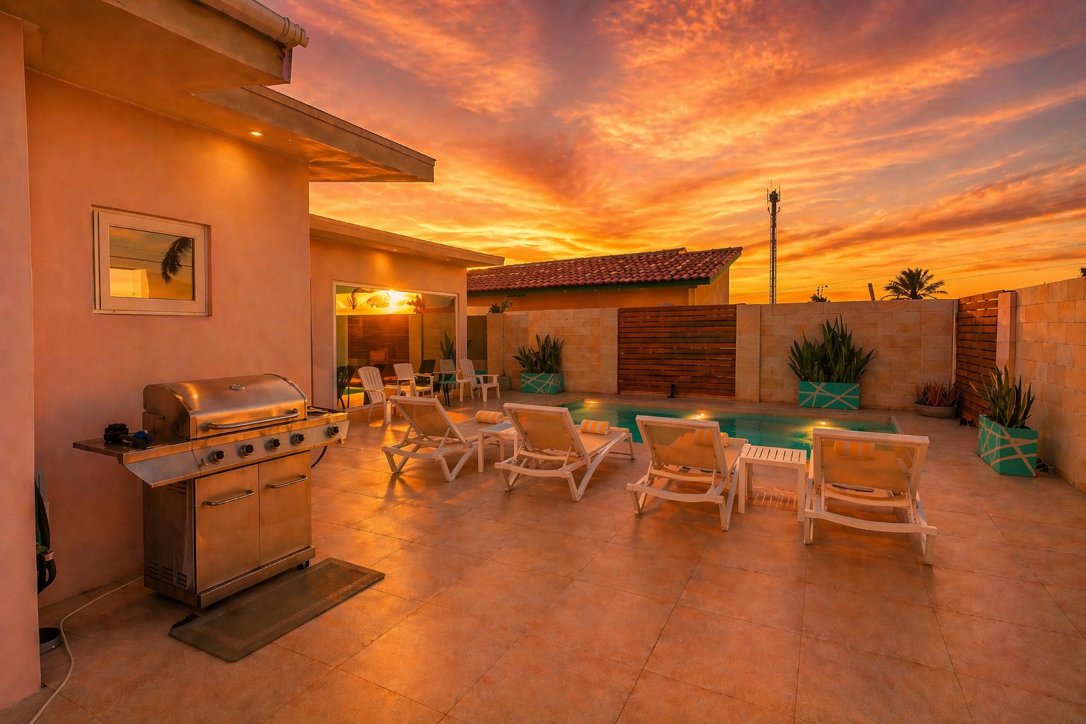 An outdoor patio with a grill, lounge chairs, and a pool under a sunset sky.