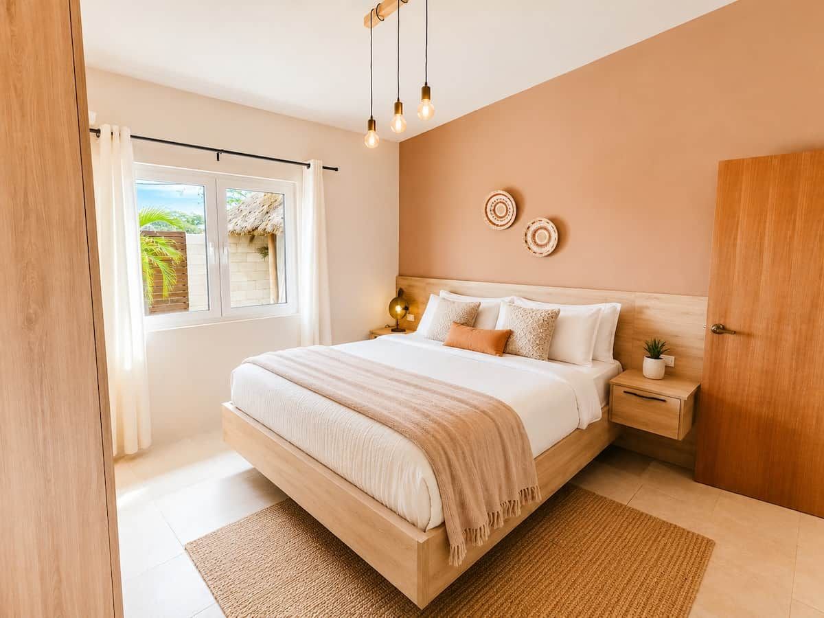 A bedroom with a bed, bedside table, nightstand, and a view of the outdoors.