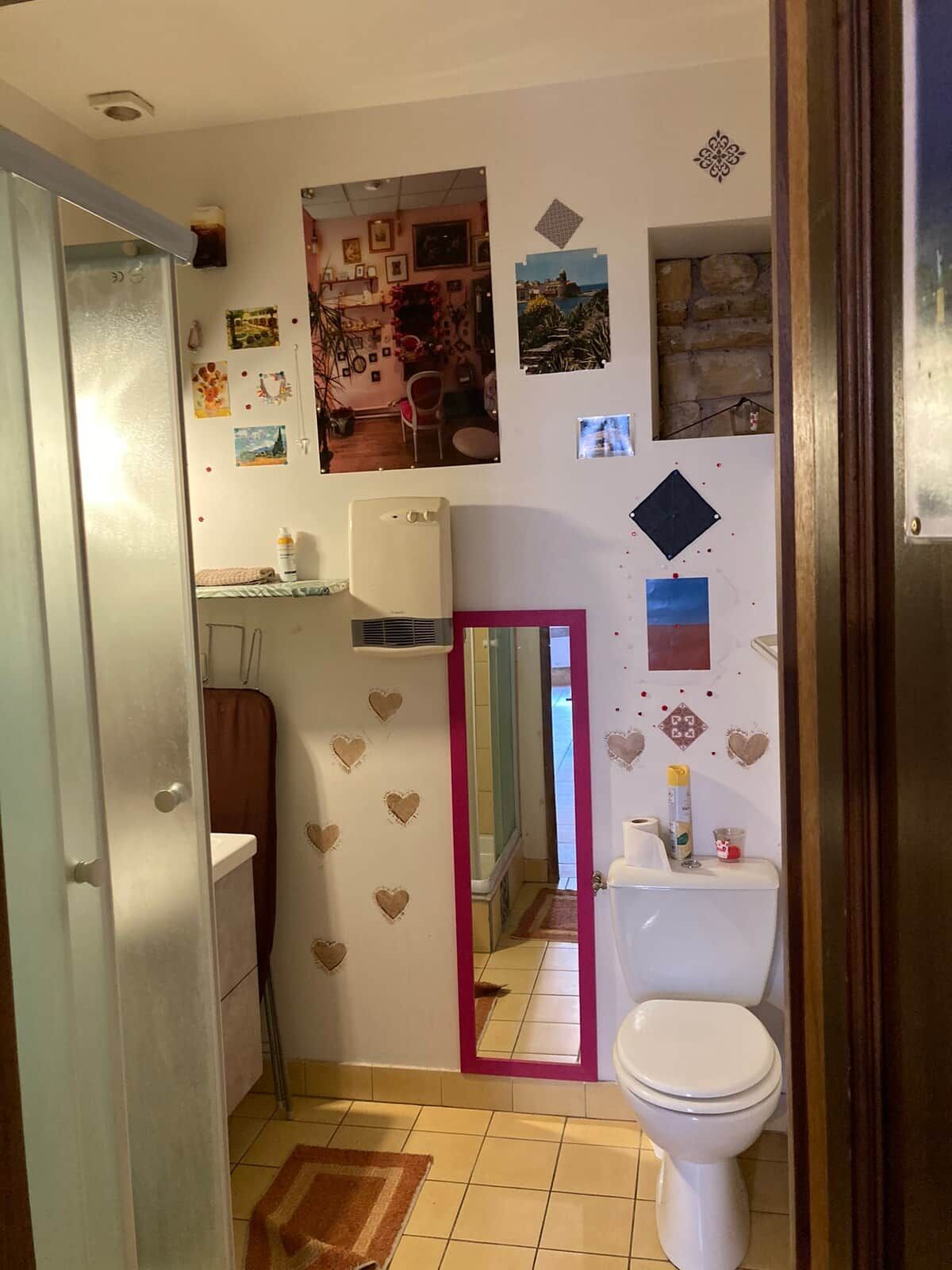 Un bany compacte amb vàter, dutxa i mirall.