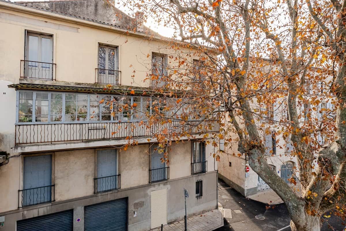 Un edificio de varios pisos con balcones, un árbol con hojas otoñales y un cielo despejado.