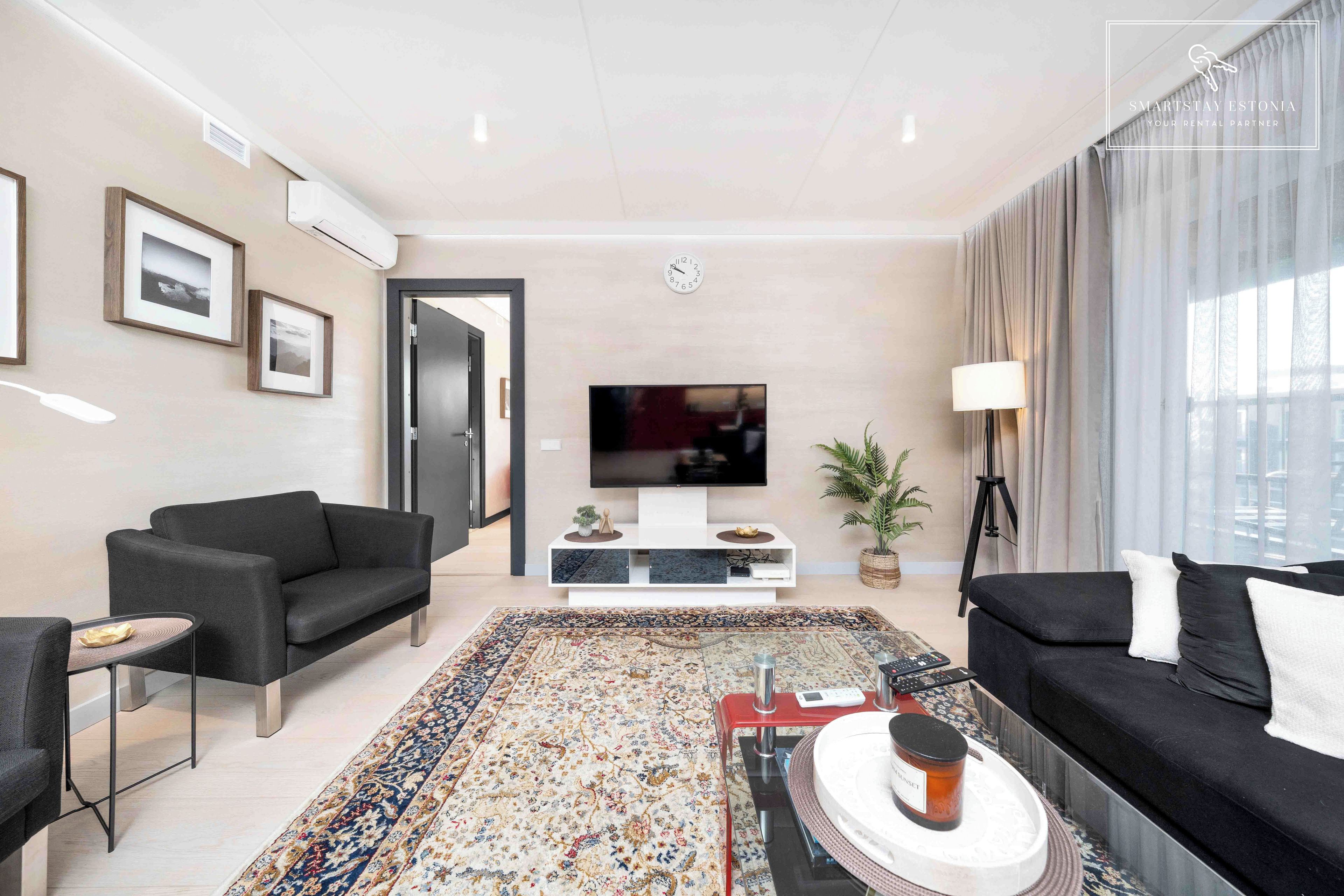 A modern living room with a flat-screen TV, two sofas, a coffee table, a patterned rug, and a potted plant.
