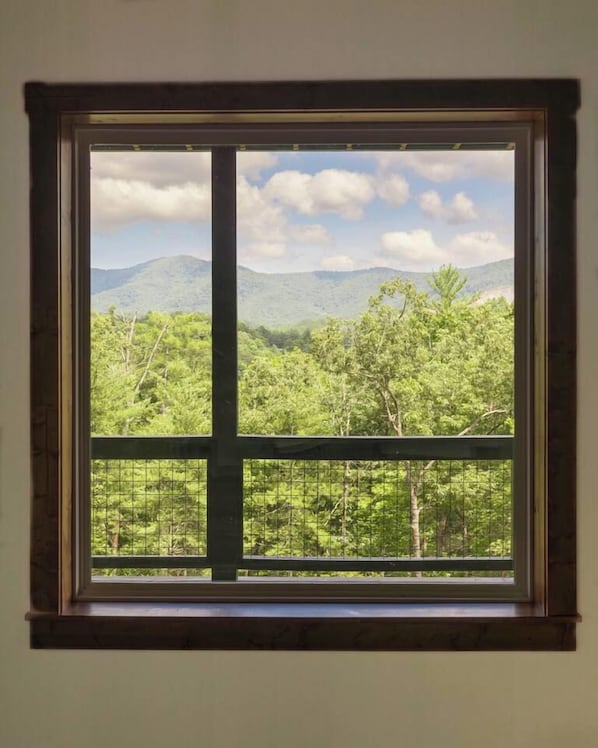 A window with a view of a forested landscape and mountains.