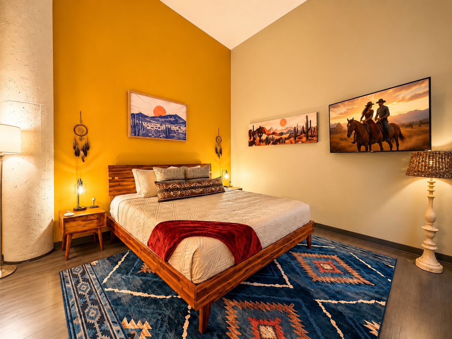 Quarto com cama de madeira, tapete azul estampado e quadros com paisagens e cavalos.