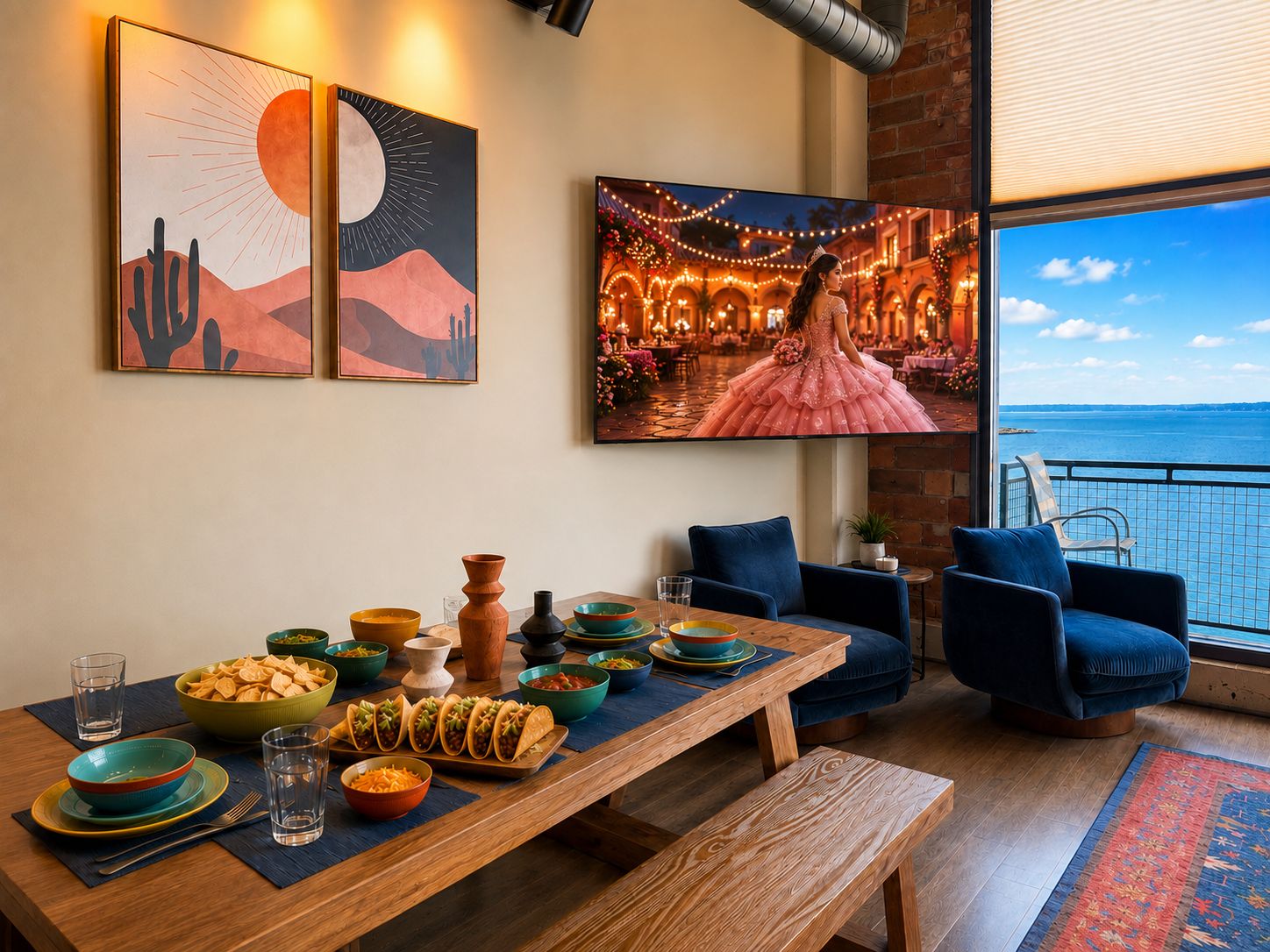 Uma área de refeições com mesa de madeira posta para uma refeição, uma grande janela com vista para o mar e obras de arte nas paredes.