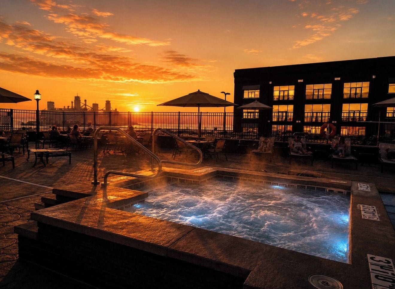 A hot tub area with a city skyline view at sunset.