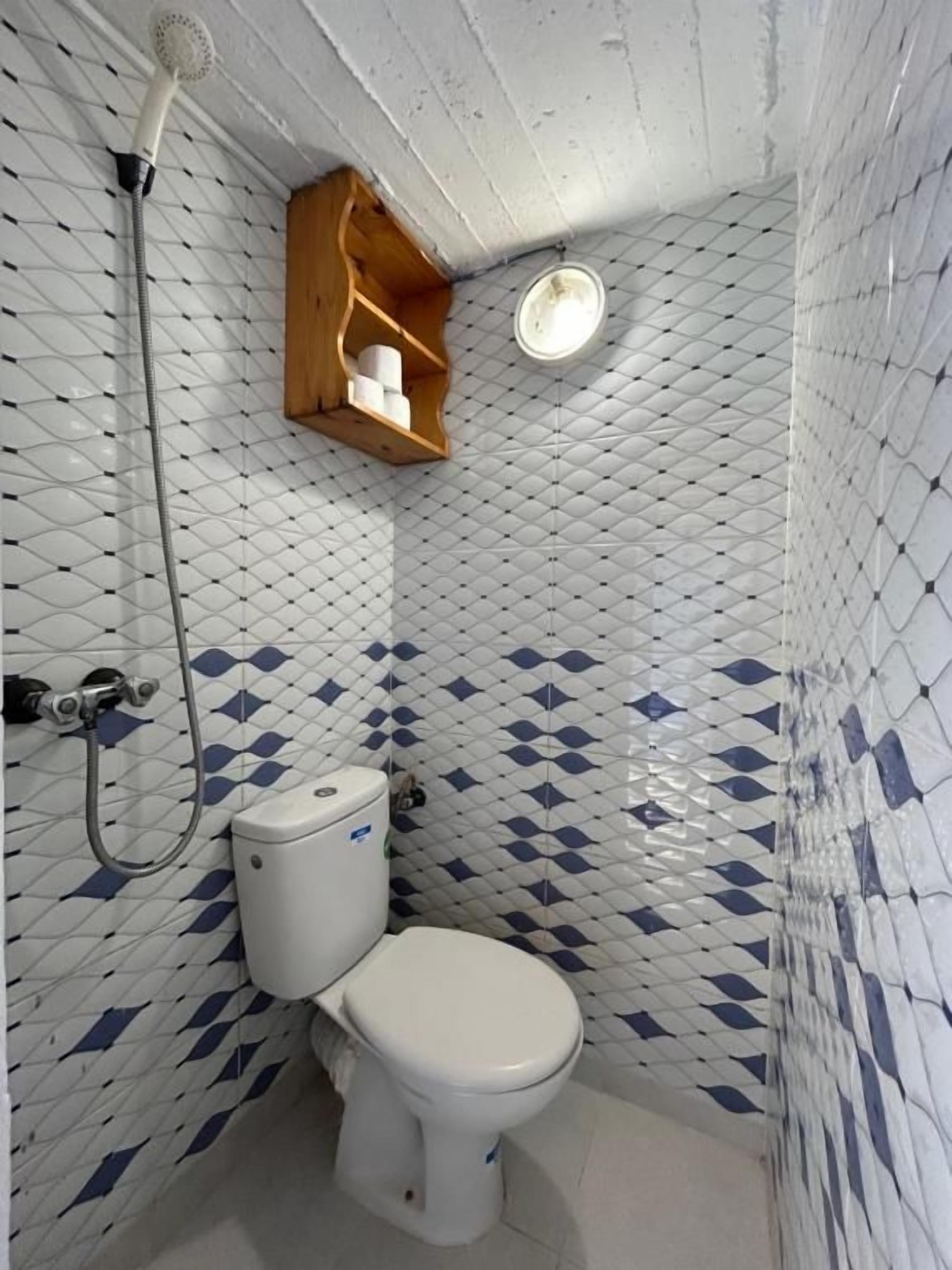 Ein Badezimmer mit Toilette, Dusche und einem Holzboden mit Pflegeprodukten.