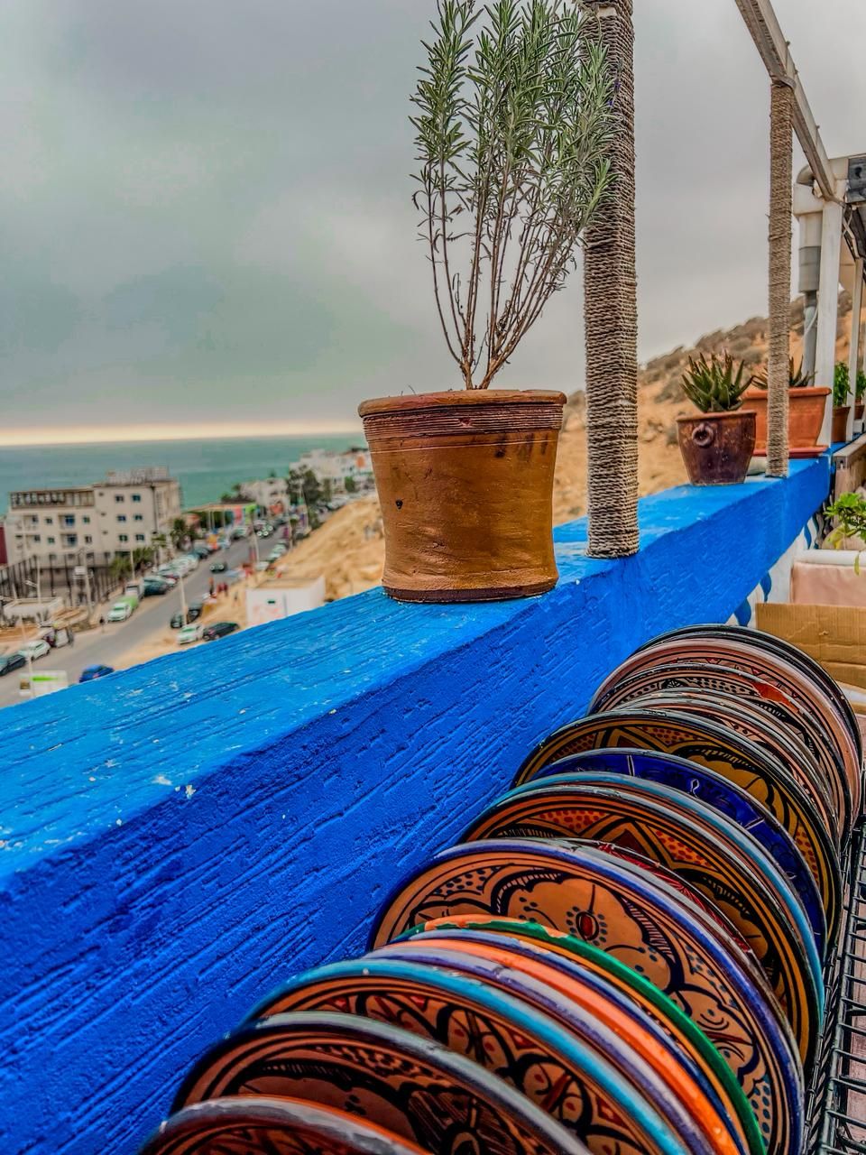 Une rambarde bleue, agrémentée de plantes en pot, et une vue sur une zone côtière.
