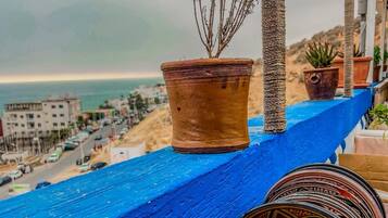 Une rambarde bleue, agrémentée de plantes en pot, et une vue sur une zone côtière.