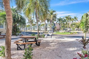 A paved area with picnic tables, palm trees, and a building in the background. - Barefoot Beach Resort B201 (Indian Shores)