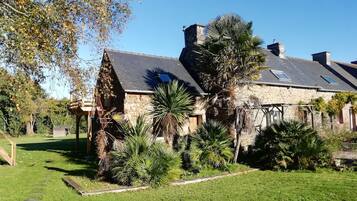 A stone house with a sloped roof, a small garden with palm trees, and a wooden deck.