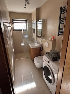 A modern bathroom with a glass-enclosed shower, a toilet, a sink, and a washing machine. - Westheim Vacation Rental (Knetzgau)