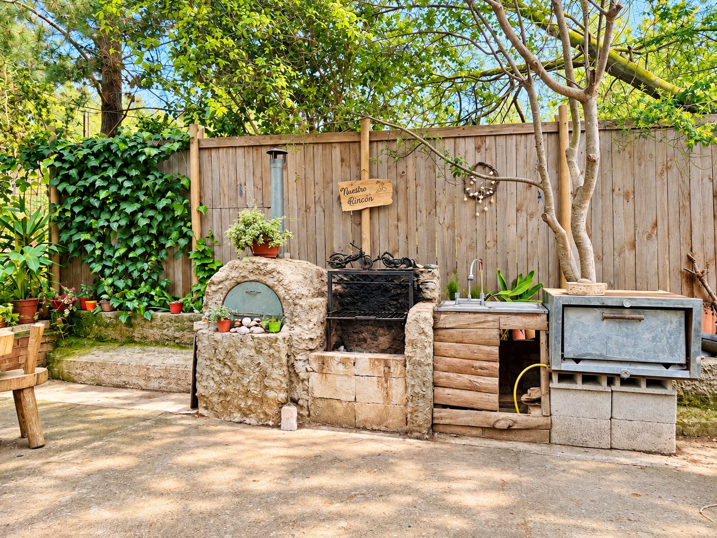 Una cocina rústica al aire libre con un horno de piedra, una parrilla y un lavadero.