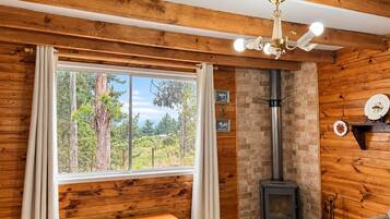 Une pièce chaleureuse avec une grande fenêtre, des murs en bois, un banc, une cheminée et un luminaire au plafond.