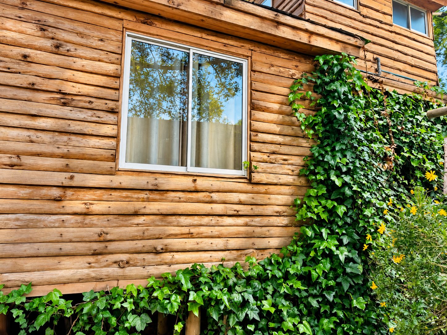 Una cabaña de madera con un ventanal grande y una pared cubierta de hiedra verde.