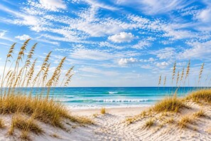 A beach with sand dunes and tall grasses, leading to the ocean under a partly cloudy sky. - Beachfront Studio Retreat with Resort Amenities at Yachtsman S1104 (Myrtle Beach)