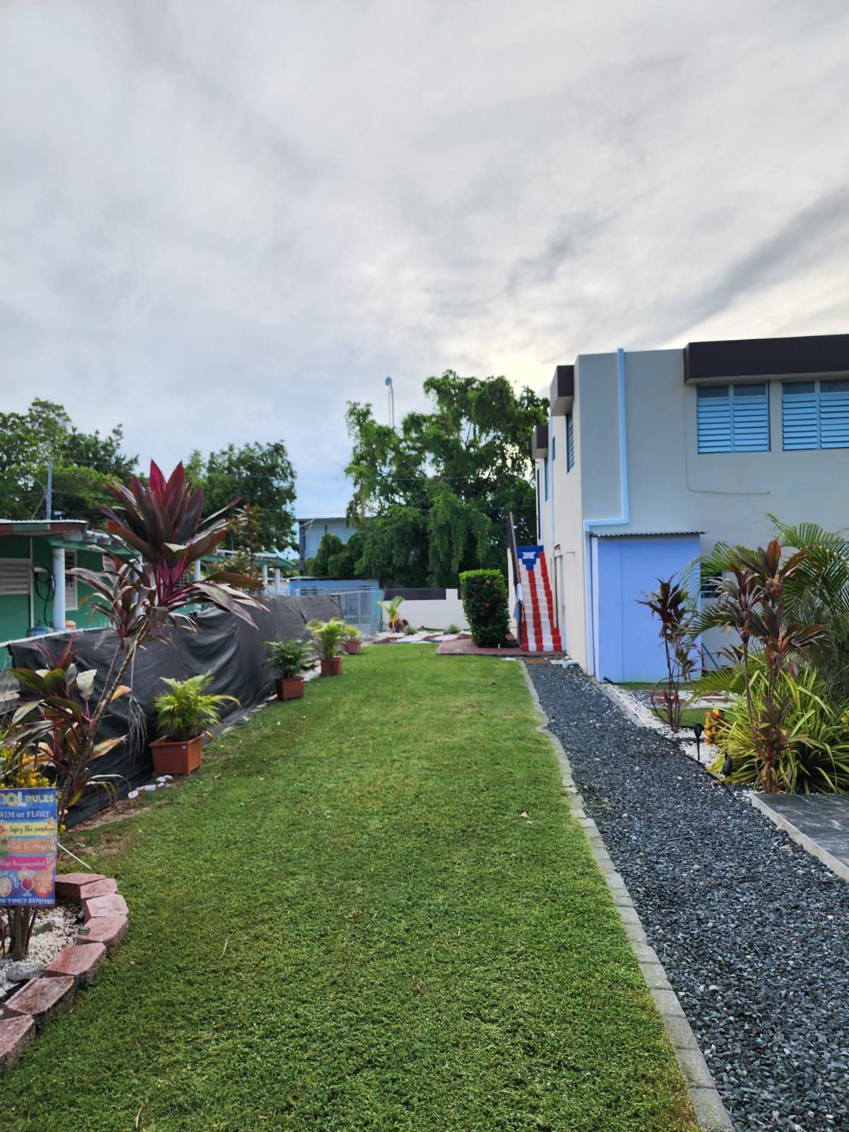 A residential area with a well-maintained lawn, a pathway, and a variety of potted plants.
