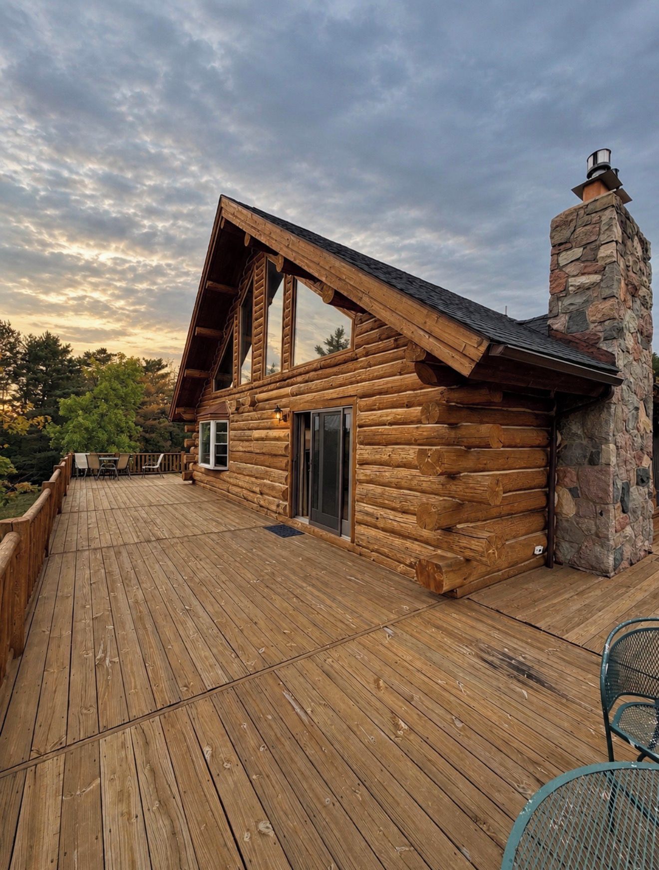Uma cabana de tronco com chaminé de pedra, um deck com área de estar ao ar livre e vista para as árvores.