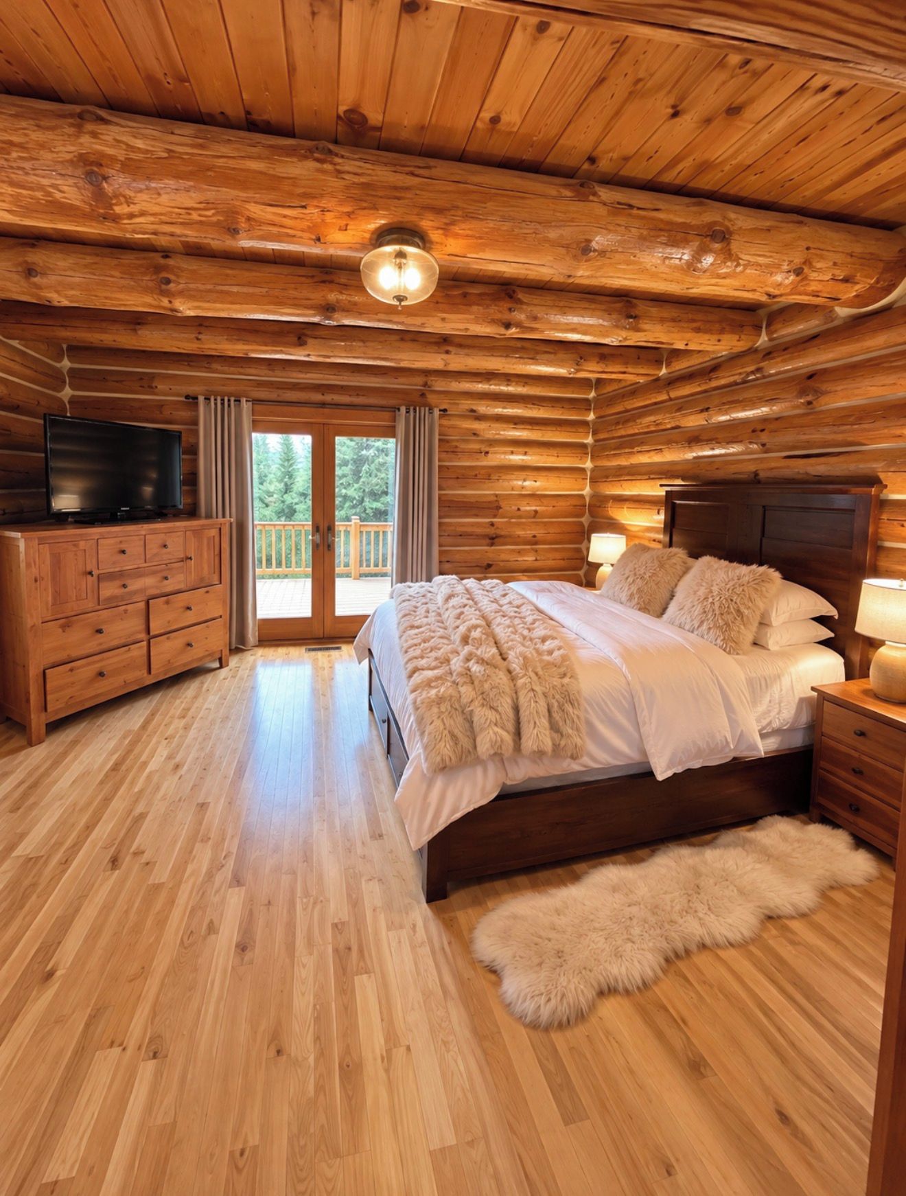 A log cabin bedroom with a wooden ceiling, a bed with white bedding, a television on a wooden dresser, and a view through a glass door.