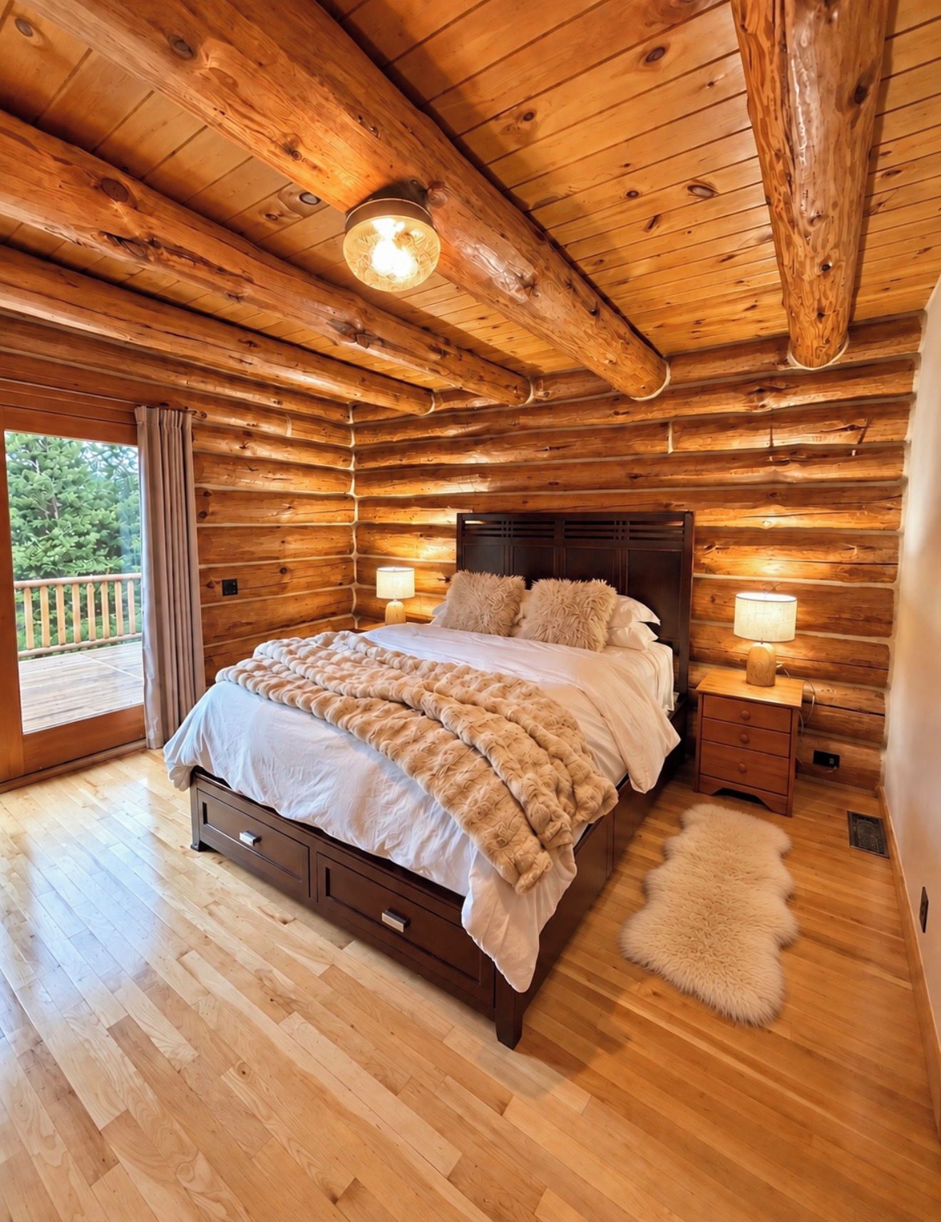 A log cabin bedroom with a large bed, two bedside lamps, and a view through a glass door.