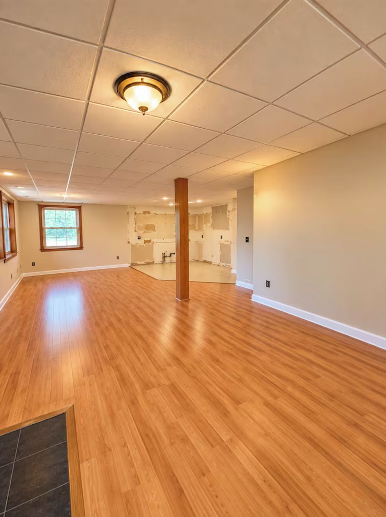 The lower floor is being prepared for carpet, but not messy or disturbing.