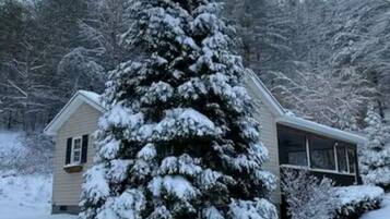 Una casa cubierta de nieve con un gran abeto en primer plano.