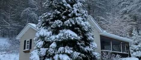 Una casa cubierta de nieve con un gran abeto en primer plano.
