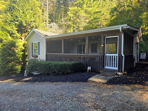 A single-story house with a covered porch, a front door, and a small front yard with a hedge and a dog. - Peaceful cottage in a private setting on 12 acres in the country (Weaverville)