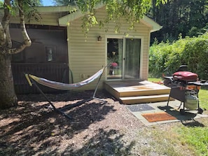A small house with a porch, a hammock, and a barbecue grill.