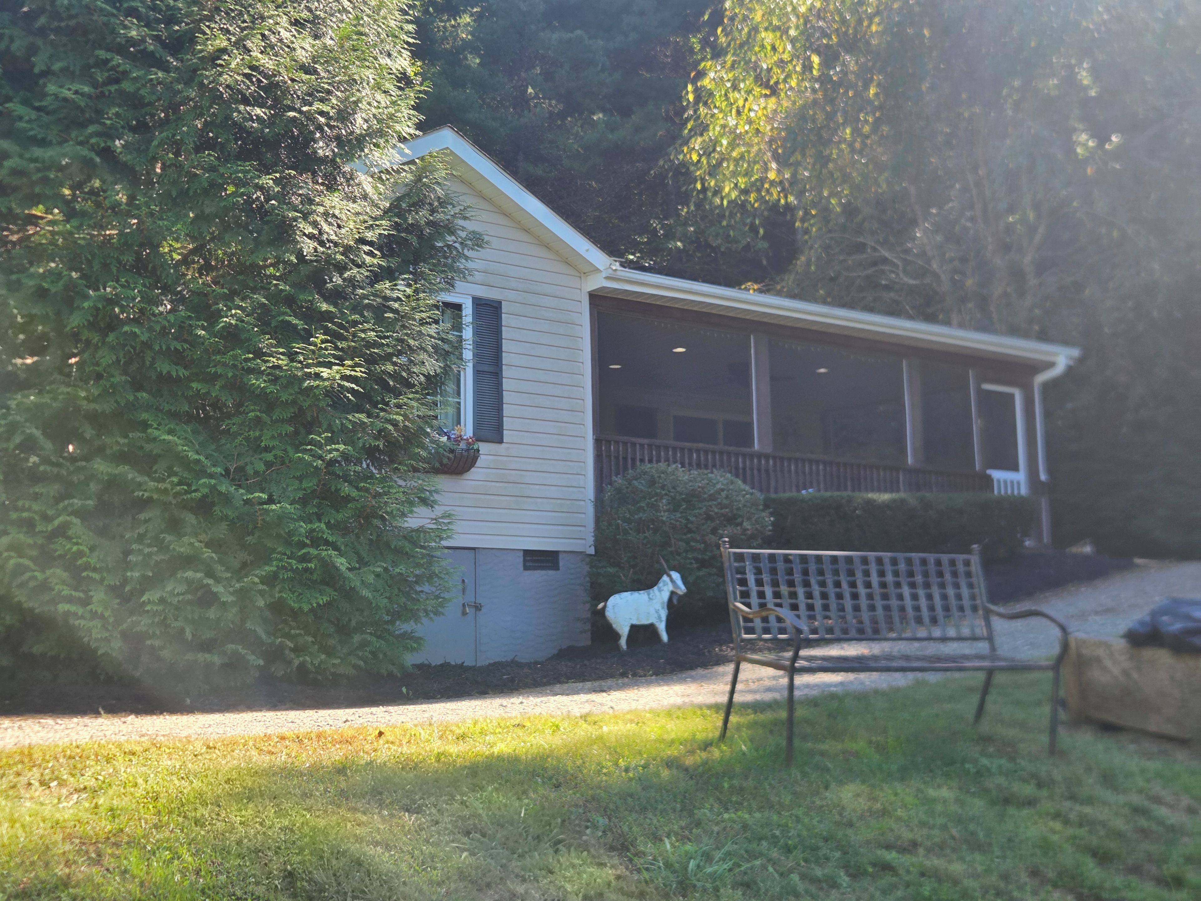 A house with a porch, a lawn, and a bench.