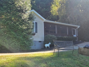 A house with a porch, a lawn, and a bench. - Peaceful cottage in a private setting on 12 acres in the country (Weaverville)