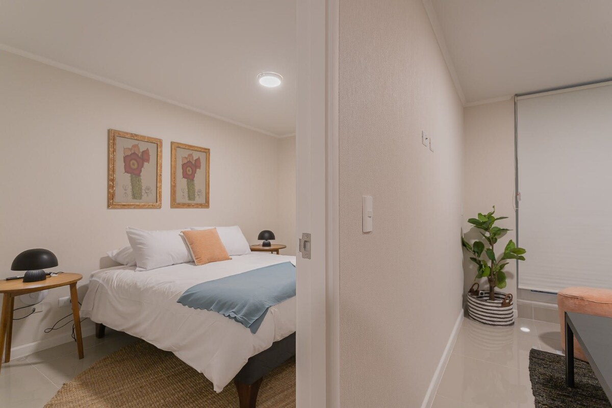 A bedroom with a bed, bedside tables, a lamp, a potted plant, and a door.