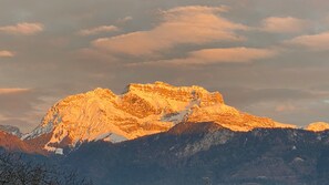 A mountain range with snow-covered peaks and a forested foreground. - Family Home on Lake Annecy (Saint-Jorioz)