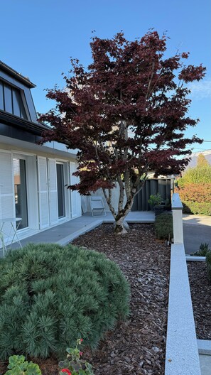 A residential building with a tree in the front yard, a white exterior, and a clear sky. - Family Home on Lake Annecy (Saint-Jorioz)