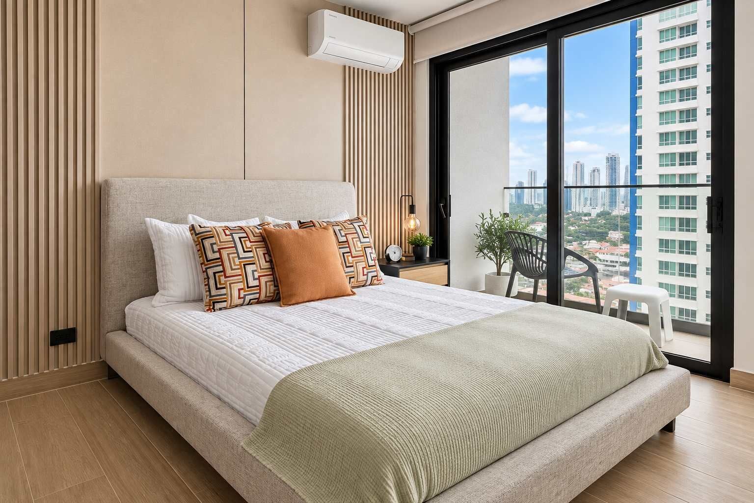 Ein modernes Schlafzimmer mit einem großen Bett, Blick auf die Stadt und einem Balkon mit einem Stuhl.
