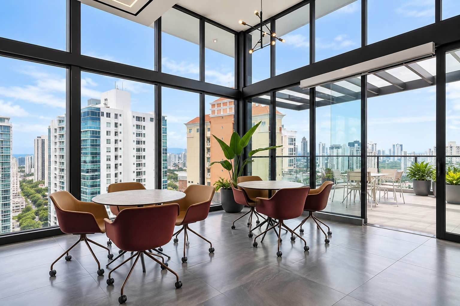 Une salle de conférence moderne offrant une vue panoramique sur la ville, dotée de grandes fenêtres et d’une table ronde entourée de chaises.