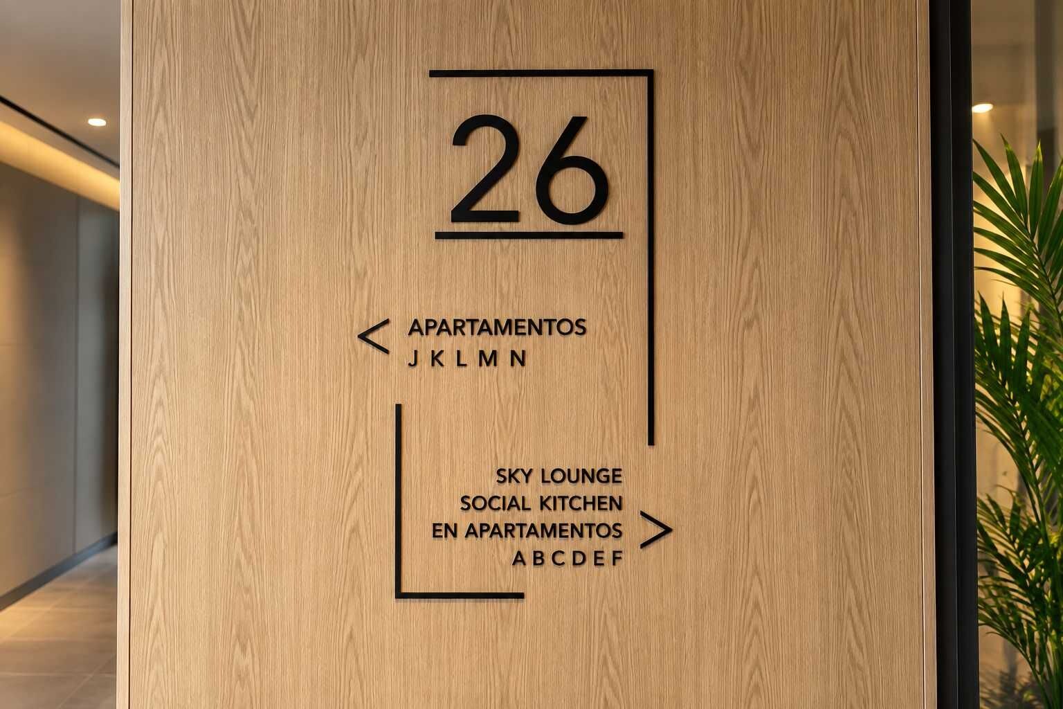 En vägg av trä med siffran ’26’ som anger ett lägenhetsnummer. Längre ner finns pilar som visar vägen till olika faciliteter: ’SKY LOUNGE’ och ’SOCIAL KITCHEN’, och texten ’EN APARTAMENTOS ABCDEF’ antyder att det finns flera olika lägenhetstyper att välja mellan.