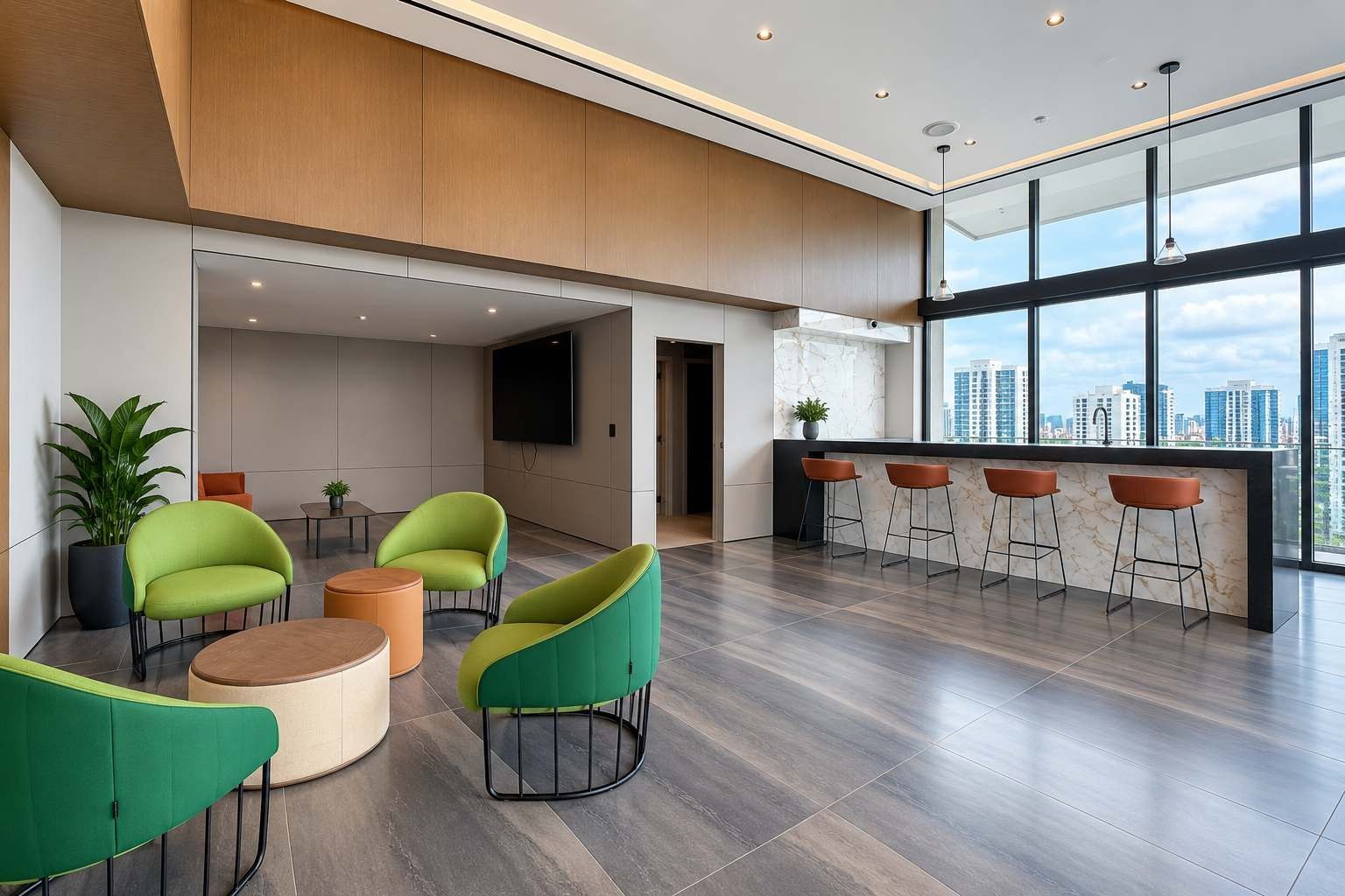 Un intérieur moderne avec un espace bar, des sièges et une grande fenêtre donnant sur la ville.