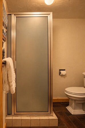 A bathroom with a glass-enclosed shower, a toilet, and a towel rack with a towel. - Lakeview Retreat Walk to Town + Fenced Yard (Grand Lake)