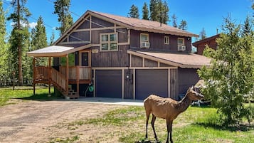Ein zweistöckiges Holzhaus mit einer Veranda und einer Garage.