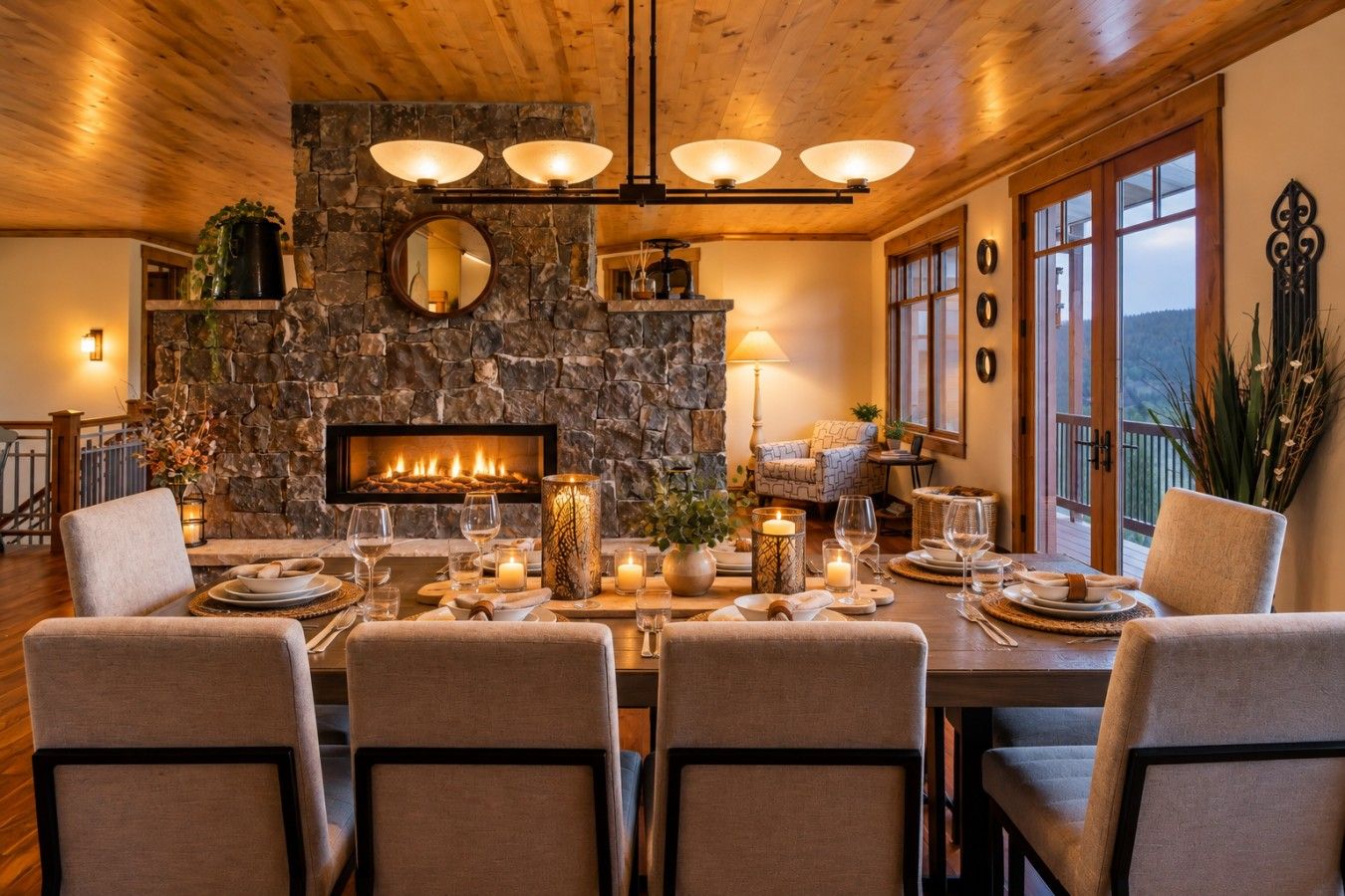 A dining area with a stone fireplace, wooden ceiling, and a view of the outdoors.