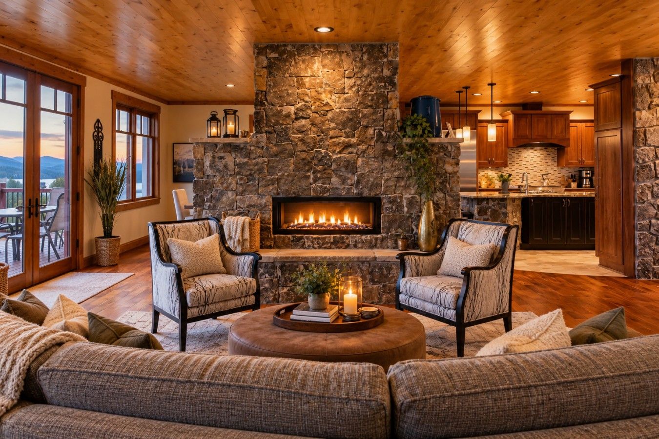 Una sala de estar acogedora con chimenea de piedra, asientos cómodos y vistas al exterior.