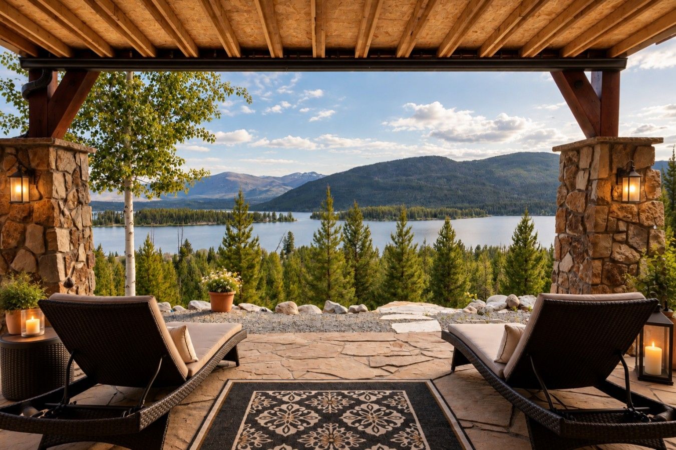An outdoor seating area with stone pillars, wicker chairs, and a view of a lake and mountains.