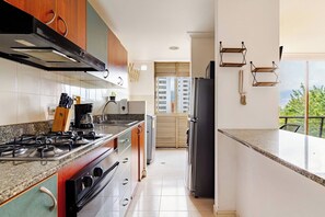 Eine moderne Küche mit Gasherd, Backofen und Kühlschrank.